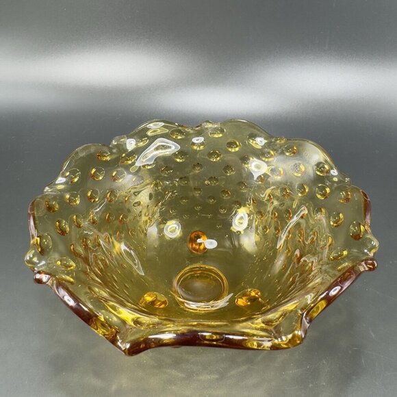 Vintage 3 Toed Hobnail Amber Footed Dish Bowl Container Wavy Edges Decor VTG - Picture 12 of 12